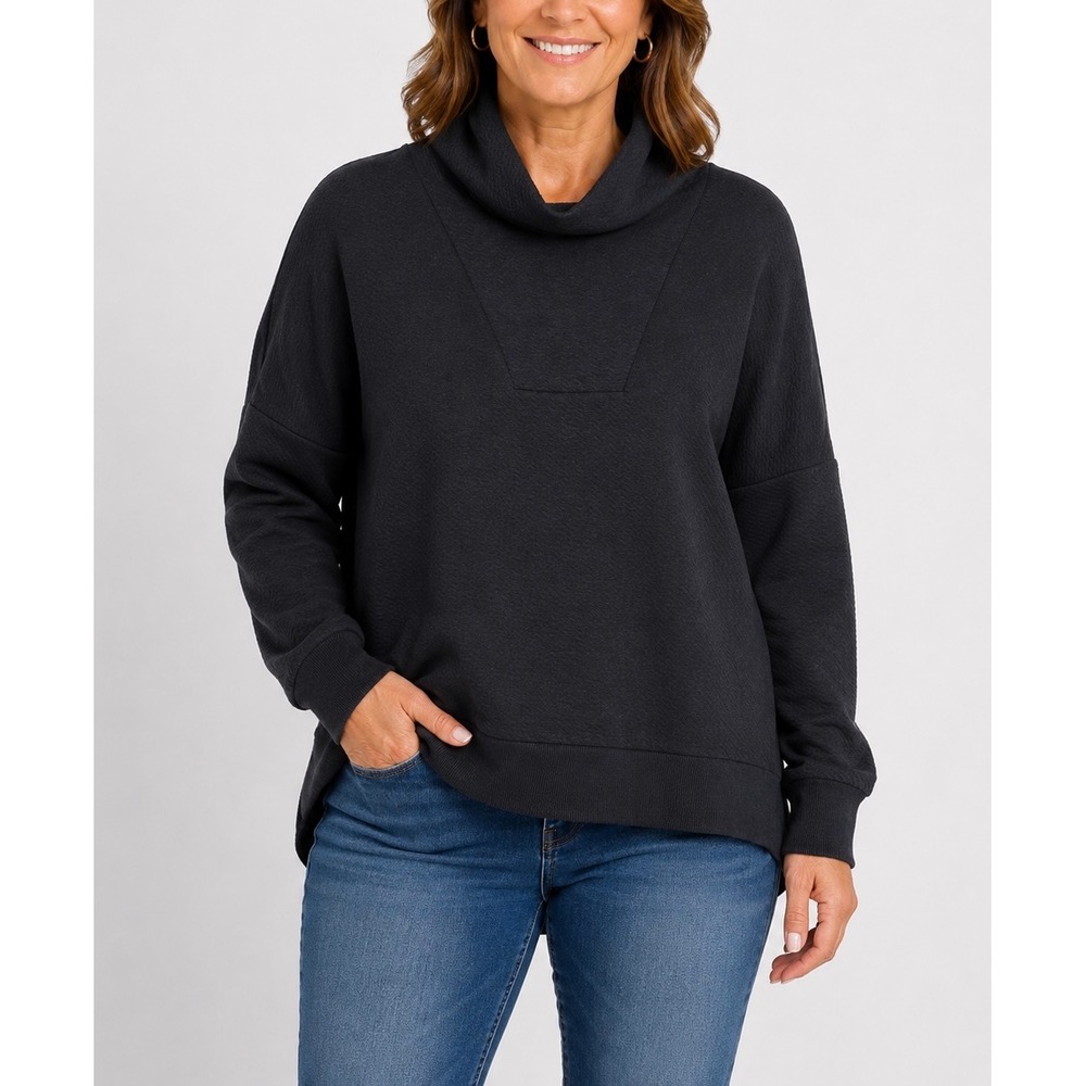 CALIA Pullover Women L Black Herringbone Funnel Neck Sweatshirt Athleisure Mod